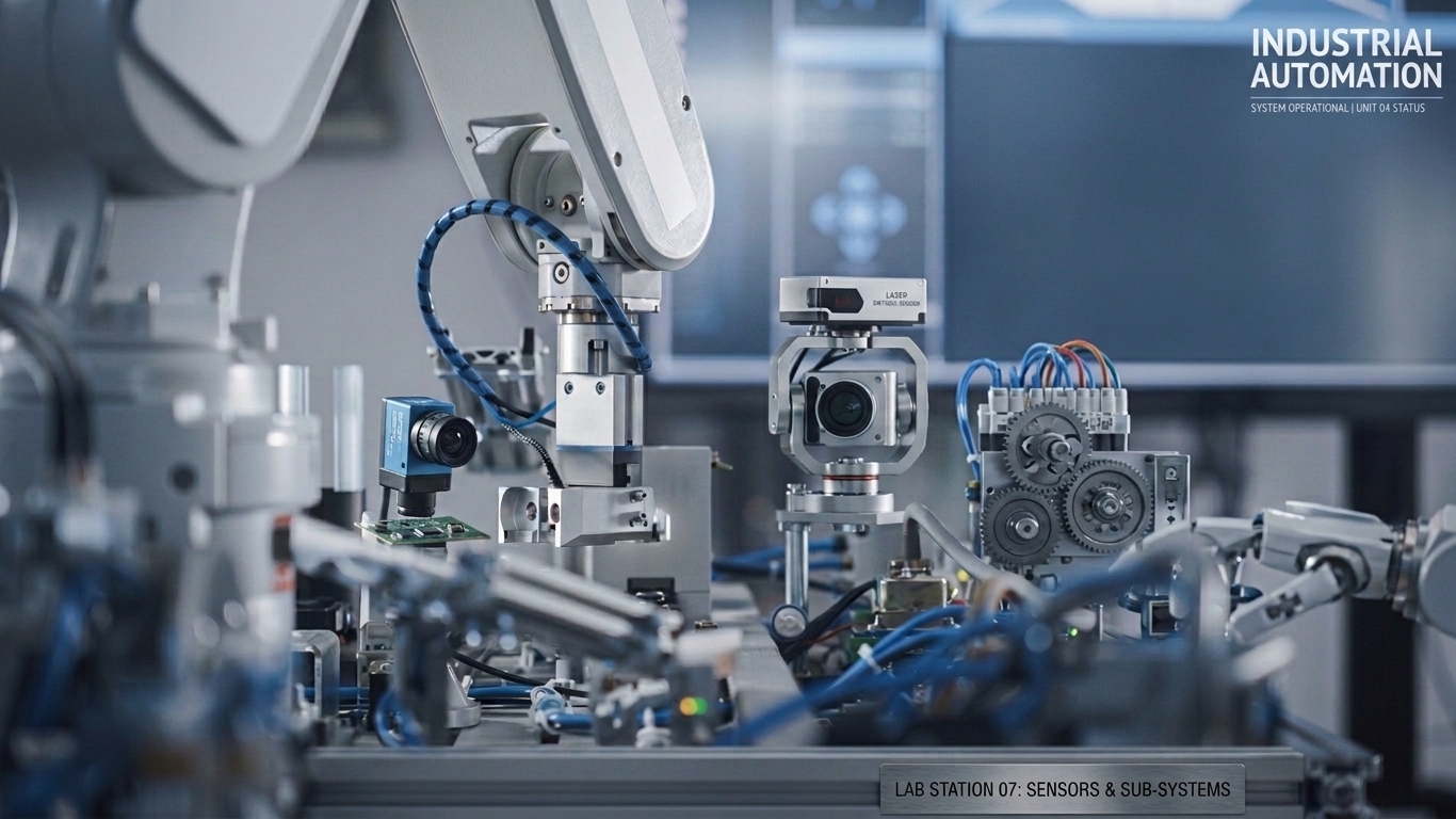 Industrial automation system with robotic arm in factory setting