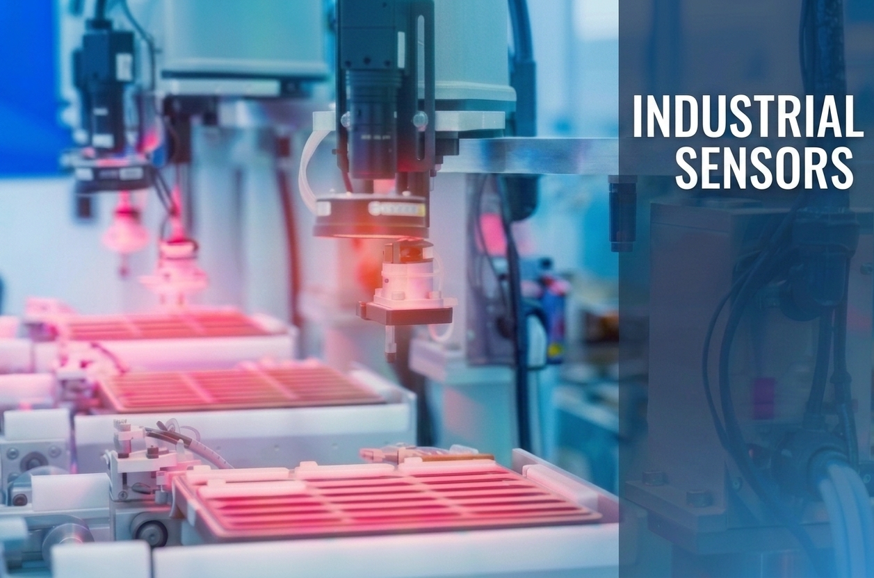 Industrial sensors and automated production line with robotic arms